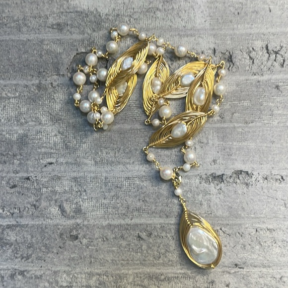 14k E Plated Gold single strand wire wrapped FWC Pearl pendant Necklace 28” - Picture 6 of 6